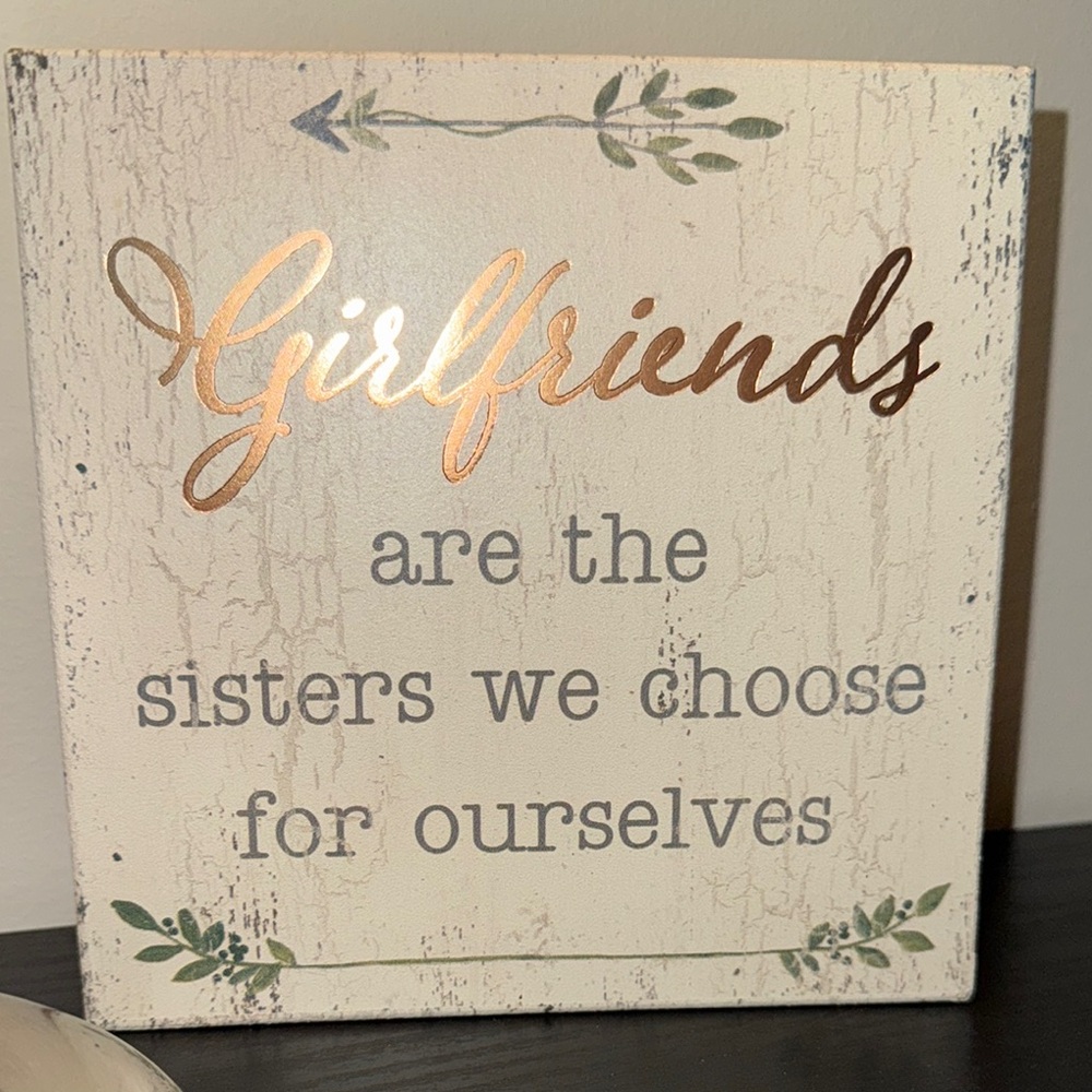 NWOT Square Wooden Decorative Box Sign with Gold Embellished “Girlfriends”